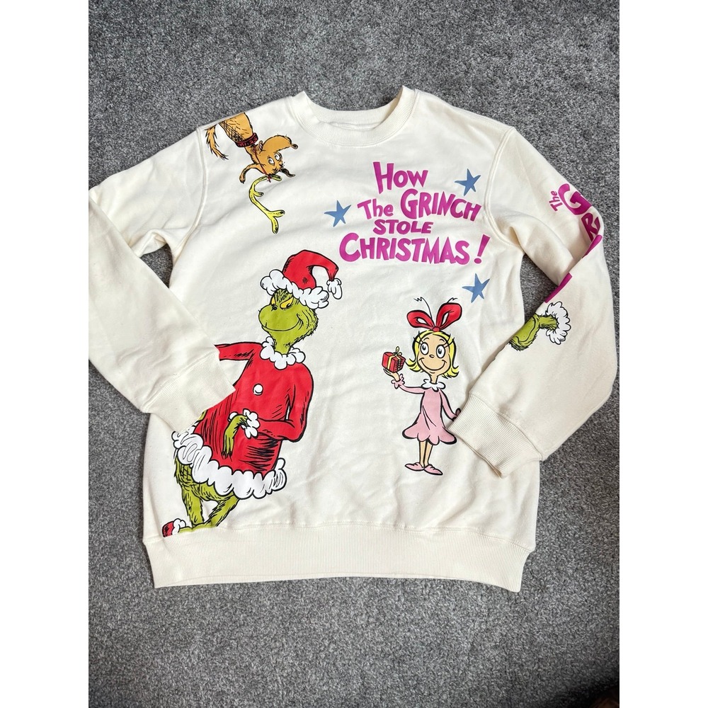 The Grinch Dr. Seuss Christmas Graphic Sweatshirt Cream Large Pullover